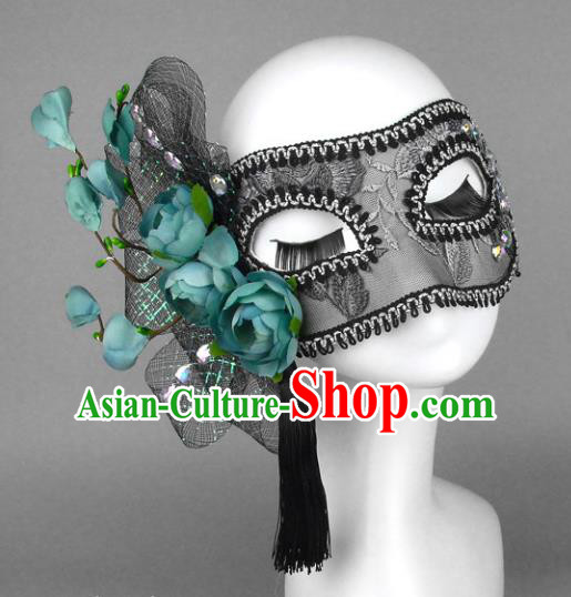 Top Grade Handmade Exaggerate Fancy Ball Accessories Green Flowers Lace Mask, Halloween Model Show Ceremonial Occasions Face Mask