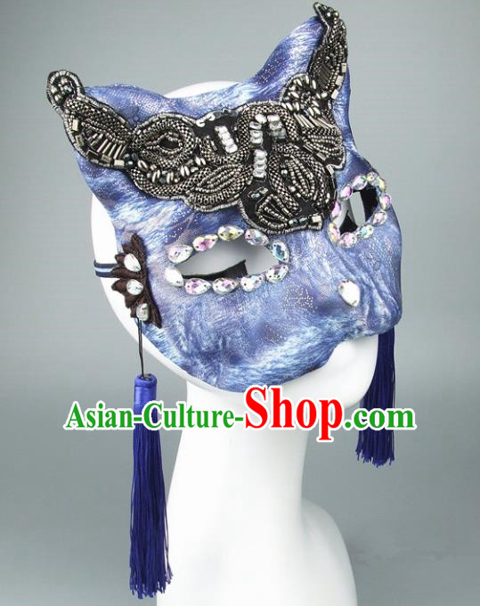 Handmade Halloween Fancy Ball Accessories Cat Blue Mask, Ceremonial Occasions Miami Face Mask