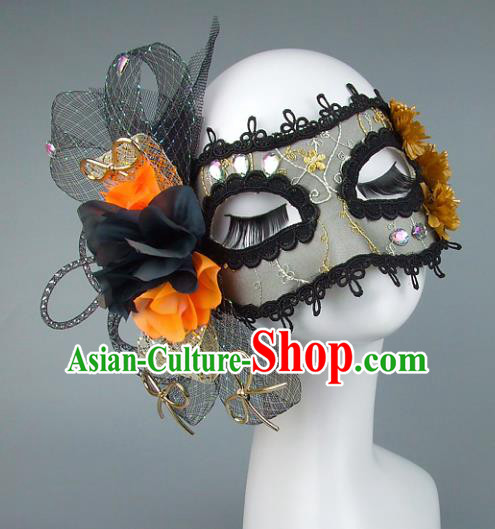 Top Grade Handmade Exaggerate Fancy Ball Accessories Black Veil Mask, Halloween Model Show Ceremonial Occasions Face Mask