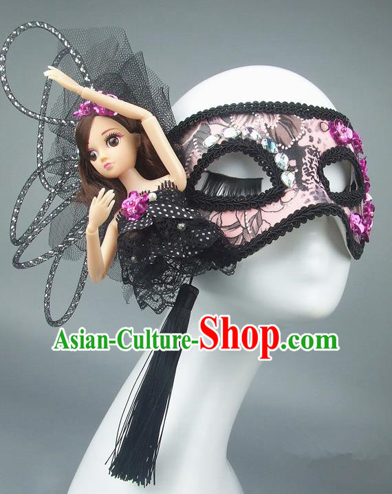 Handmade Halloween Fancy Ball Accessories Mask, Ceremonial Occasions Miami Model Show Pink Lace Face Mask