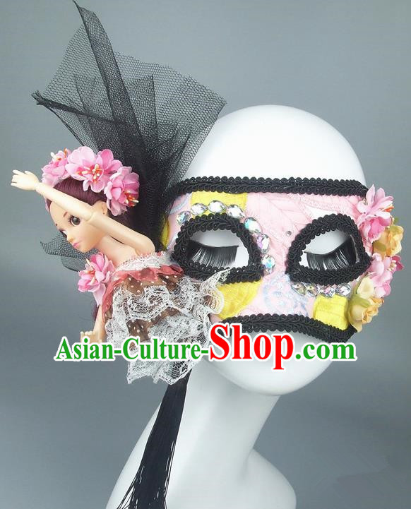 Handmade Halloween Fancy Ball Accessories Pink Mask, Ceremonial Occasions Miami Model Show Lace Face Mask