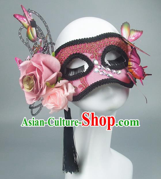 Handmade Halloween Fancy Ball Accessories Pink Flowers Butterfly Mask, Ceremonial Occasions Miami Model Show Face Mask