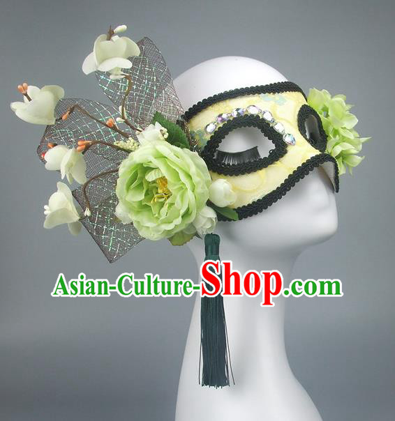 Handmade Halloween Fancy Ball Accessories Green Flowers Mask, Ceremonial Occasions Miami Model Show Crystal Face Mask