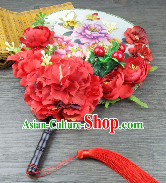 Traditional Handmade Chinese Ancient Wedding Red Flowers Butterfly Round Fans, Hanfu Palace Lady Bride Xiuhe Suit Mandarin Fans for Women