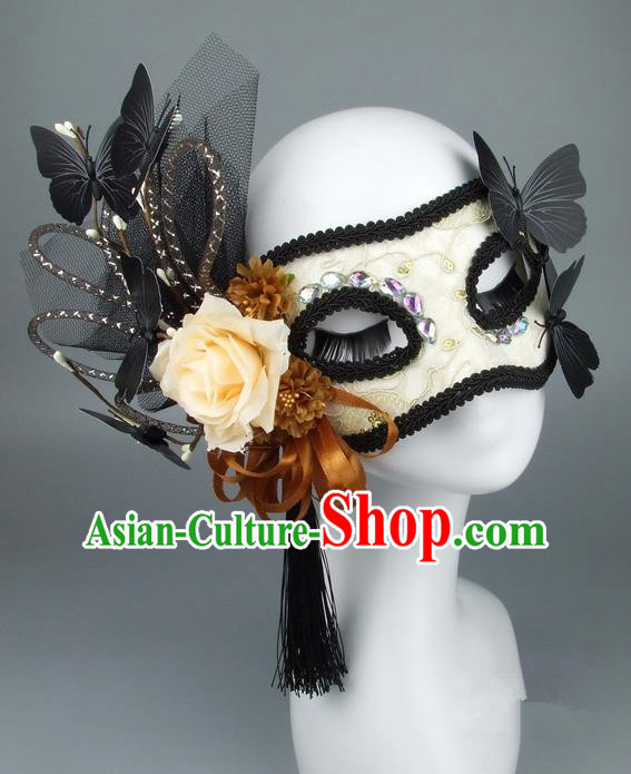 Handmade Halloween Fancy Ball Accessories Veil Butterfly Yellow Flower Mask, Ceremonial Occasions Miami Model Show Face Mask
