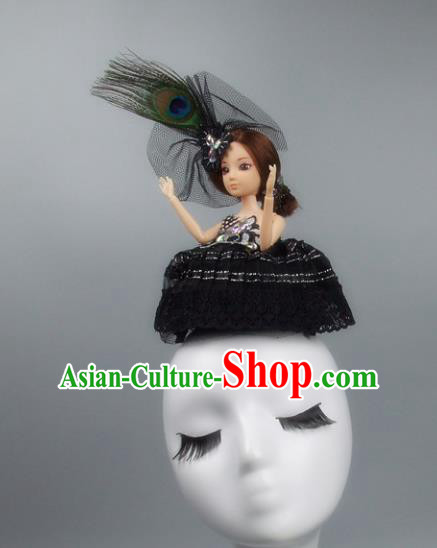 Handmade Halloween Fancy Ball Hair Accessories Black Veil Doll Headwear, Ceremonial Occasions Miami Model Show Headdress