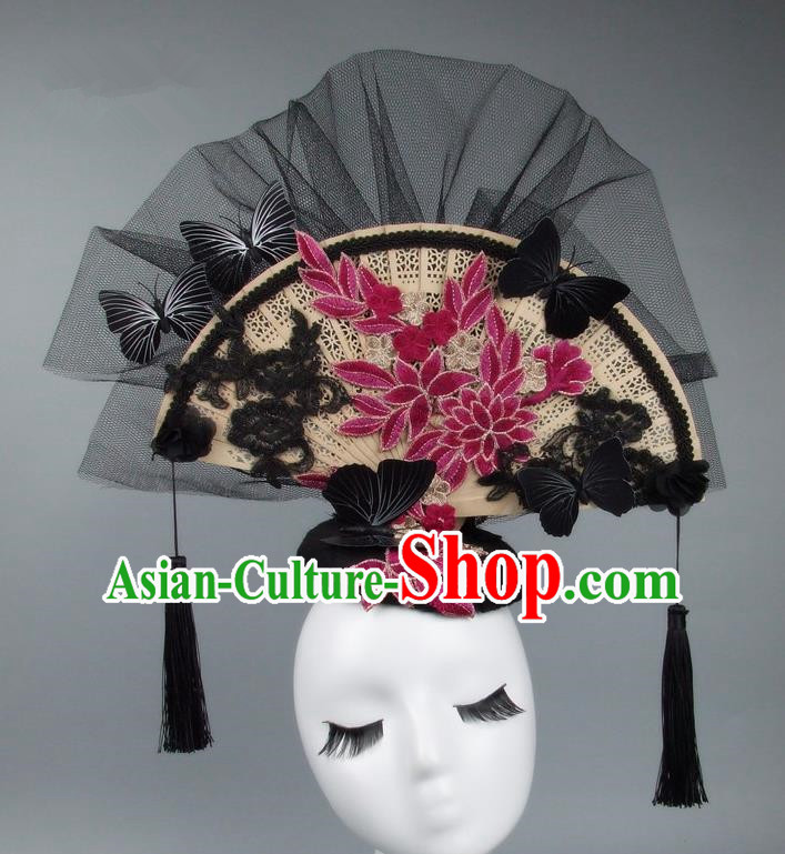 Handmade Asian Chinese Fan Hair Accessories Red Lace Butterfly Headwear, Halloween Ceremonial Occasions Miami Model Show Tassel Headdress