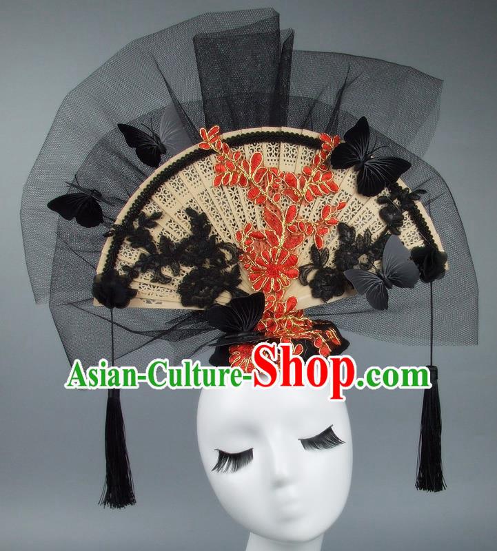 Handmade Asian Chinese Fan Hair Accessories Red Lace Flowers Butterfly Headwear, Halloween Ceremonial Occasions Miami Model Show Tassel Headdress