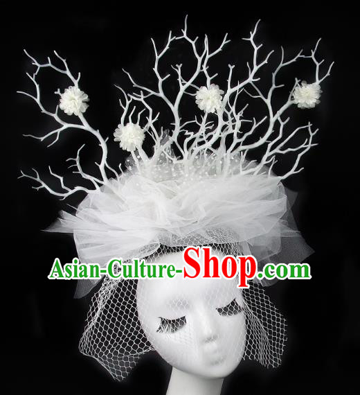 Handmade Exaggerate Fancy Ball Hair Accessories White Veil Branch Headwear, Halloween Ceremonial Occasions Model Show Headdress