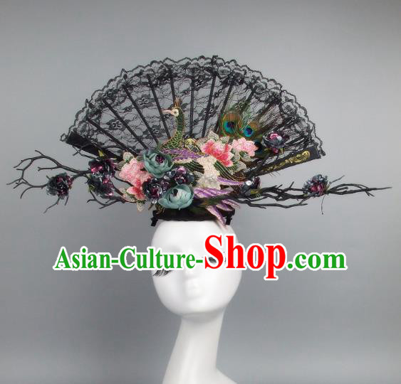 Handmade Asian Chinese Fan Hair Accessories Flowers Black Lace Headwear, Halloween Ceremonial Occasions Manchu Model Show Headdress