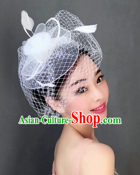 Top Grade Handmade Wedding Hair Accessories White Feather Veil Headwear, Baroque Style Bride Silk Headdress for Women