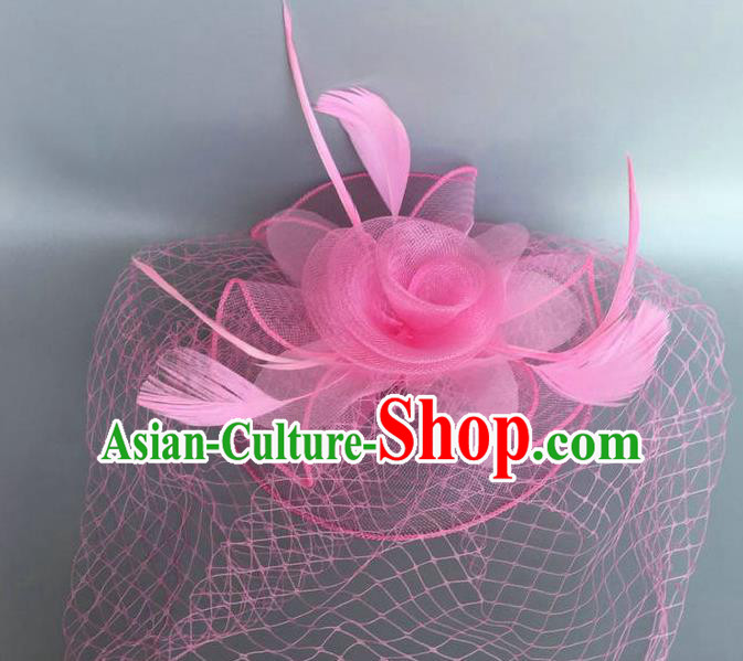 Top Grade Handmade Wedding Hair Accessories Pink Feather Veil Headwear, Baroque Style Bride Silk Headdress for Women