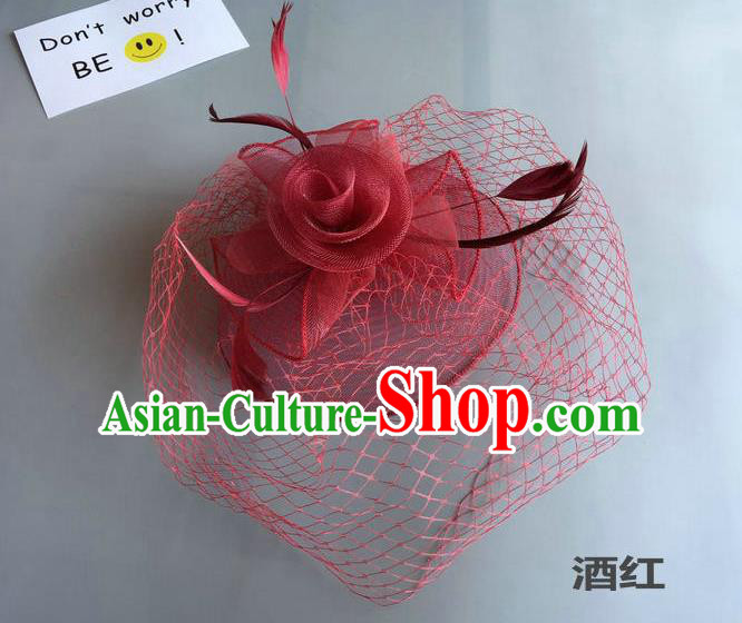Top Grade Handmade Wedding Hair Accessories Wine Red Feather Veil Headwear, Baroque Style Bride Silk Headdress for Women