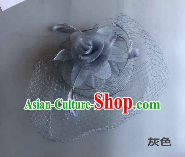 Top Grade Handmade Wedding Hair Accessories Grey Feather Veil Headwear, Baroque Style Bride Silk Headdress for Women