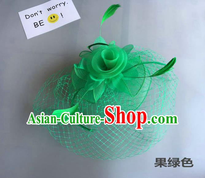 Top Grade Handmade Wedding Hair Accessories Green Feather Veil Headwear, Baroque Style Bride Silk Headdress for Women