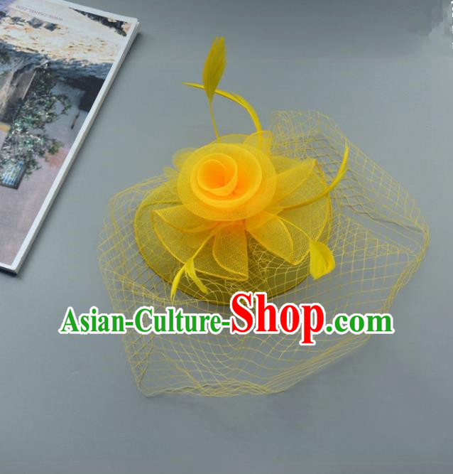 Top Grade Handmade Wedding Hair Accessories Yellow Feather Veil Headwear, Baroque Style Bride Silk Headdress for Women