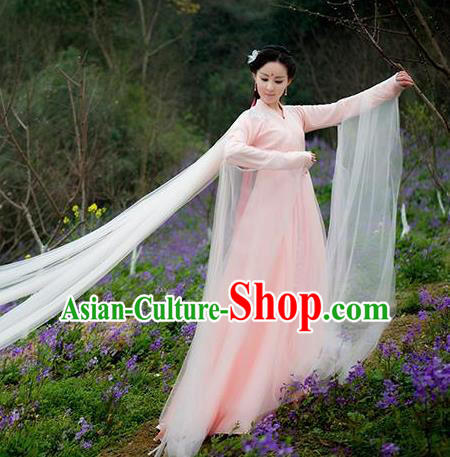Asian Chinese Tang Dynasty Royal Princess Embroidered Costume, Ancient China Ten great III of peach blossom Palace Lady Fairy Embroidery Pink Dress Clothing
