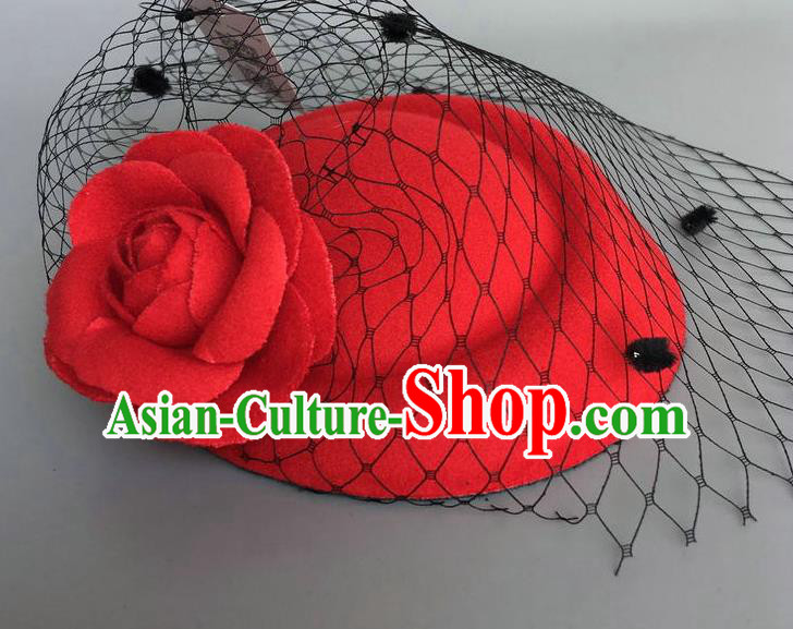 Handmade Wedding Vintage Hair Accessories Red Wool Flower Top Hat, Bride Ceremonial Occasions Model Show Headdress