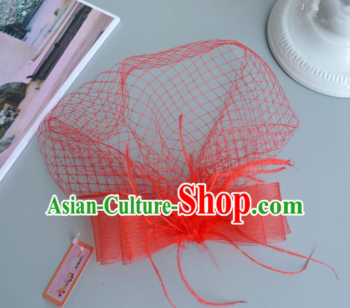 Handmade Vintage Hair Accessories Veil Red Bowknot Headwear, Bride Ceremonial Occasions Model Show Headdress
