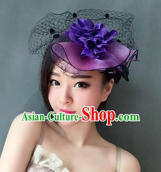 Handmade Vintage Hair Accessories Veil Purple Flower Top Hat Headwear, Bride Ceremonial Occasions Model Show Headdress