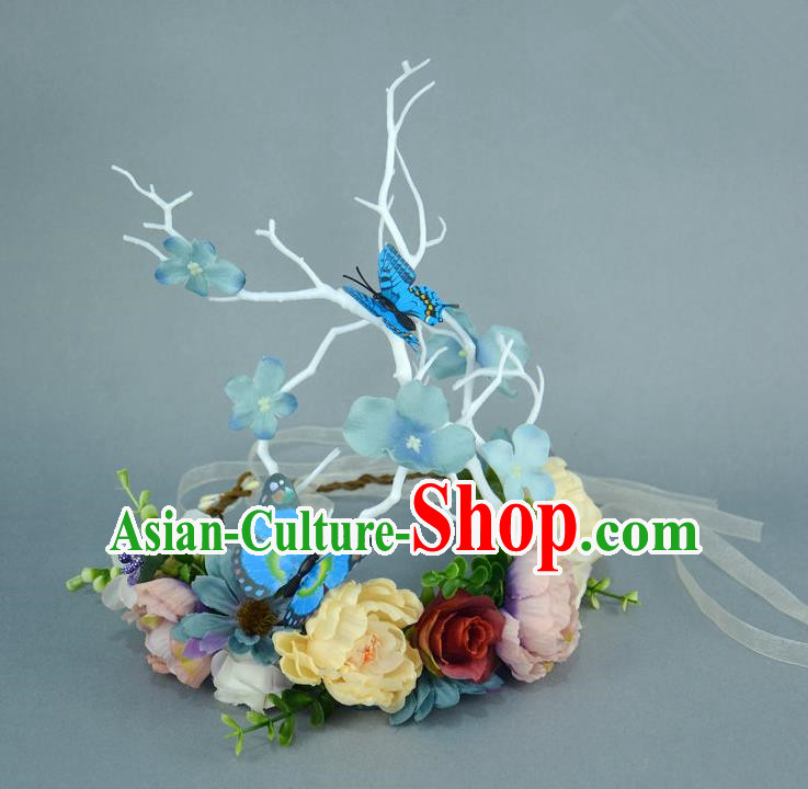 Handmade Exaggerate Fancy Ball Hair Accessories Branch Blue Flowers Butterfly Headwear, Halloween Ceremonial Occasions Model Show Headdress