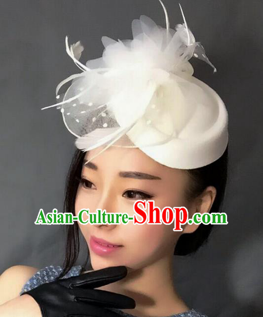 Handmade Exaggerate Wedding Hair Accessories White Feather Top Hat, Bride Ceremonial Occasions Vintage Headwear