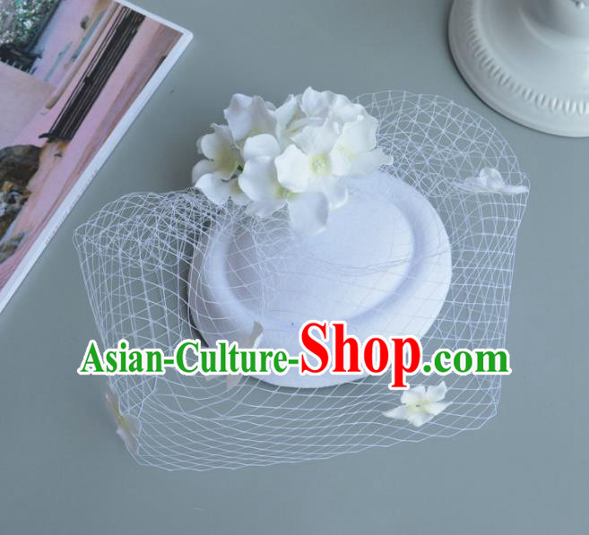 Handmade Baroque Hair Accessories White Veil Flowers Headwear, Bride Ceremonial Occasions Vintage Top Hat for Women