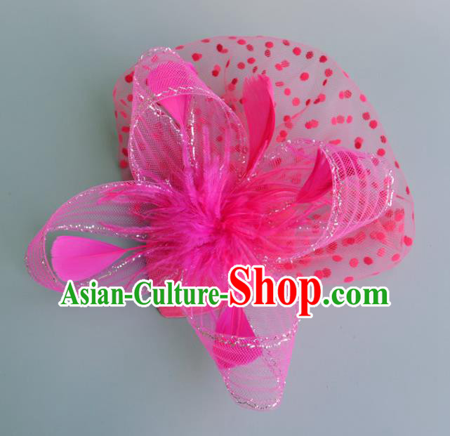 Handmade Baroque Wedding Hair Accessories Pink Veil Feather Headwear, Bride Ceremonial Occasions Vintage Top Hat for Women