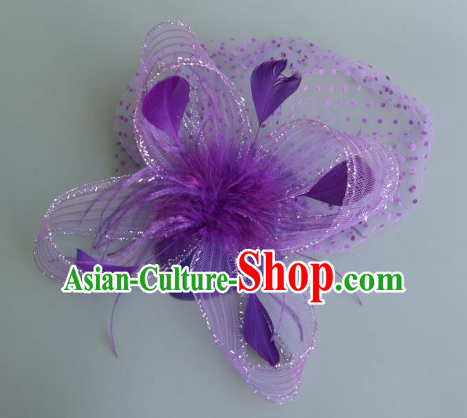 Handmade Baroque Wedding Hair Accessories Purple Veil Feather Headwear, Bride Ceremonial Occasions Vintage Top Hat for Women