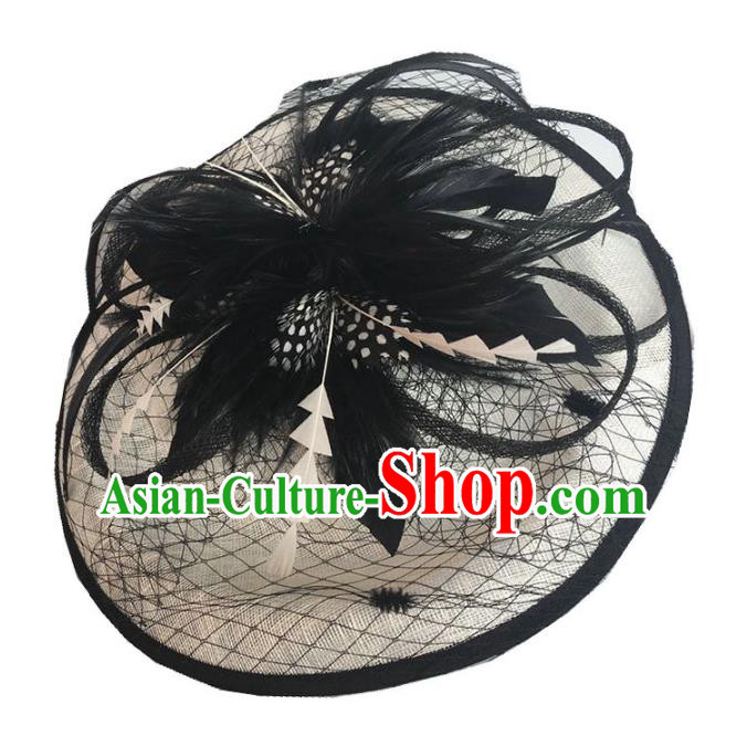 Handmade Wedding Hair Accessories Black Feather Headwear, Bride Ceremonial Occasions Vintage Veil Top Hat