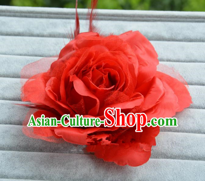 Handmade Baroque Hair Accessories Model Show Red Feather Flower Hair Stick, Bride Ceremonial Occasions Headwear for Women