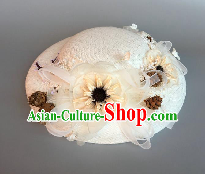 Handmade Baroque Hair Accessories Model Show Flowers White Top Hat, Bride Ceremonial Occasions Headwear for Women