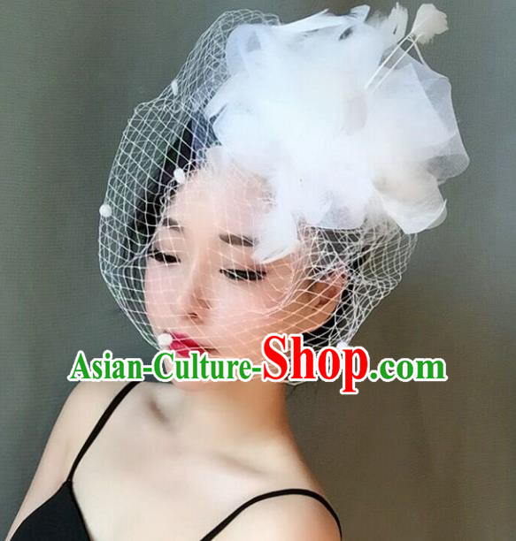 Handmade Baroque Hair Accessories White Feather Headwear, Bride Ceremonial Occasions Veil Headpiece for Women