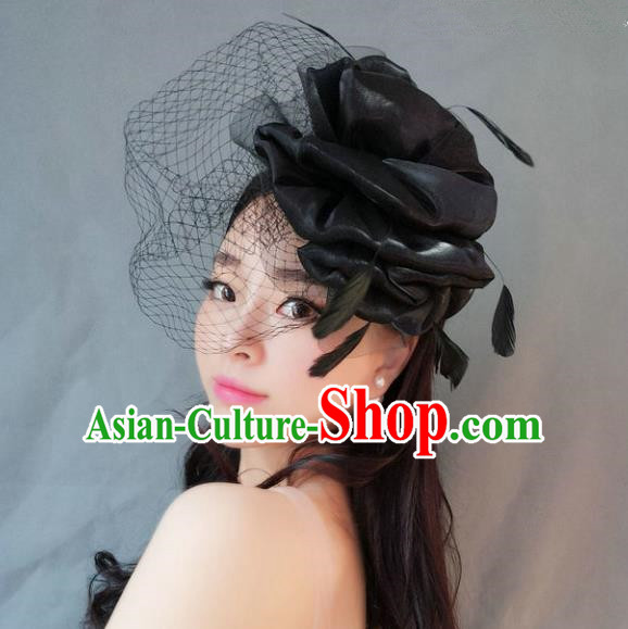 Handmade Baroque Hair Accessories Black Veil Mask, Bride Ceremonial Occasions Exaggerate Feather Hair Clasp for Women