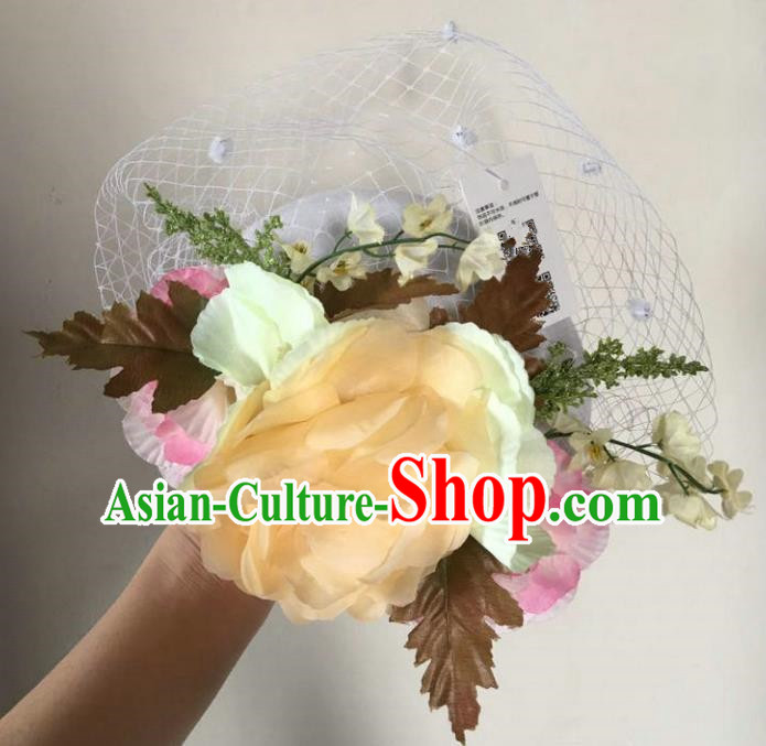 Top Grade Handmade Wedding Hair Accessories Veil Yellow Flowers Headwear, Baroque Style Bride Pearls Top Hat for Women