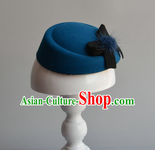 Top Grade Handmade Wedding Hair Accessories Bride Headwear, Baroque Style Blue Bowknot Top Hat for Women