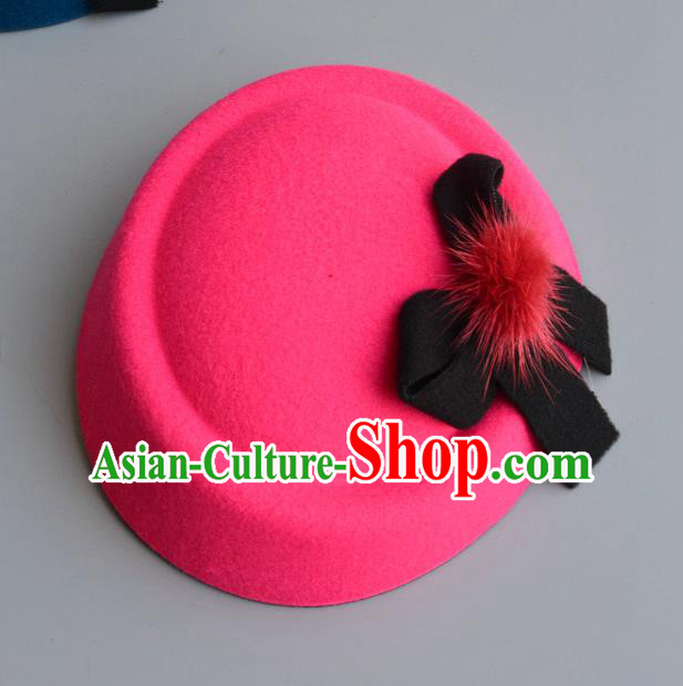Top Grade Handmade Wedding Hair Accessories Bride Headwear, Baroque Style Rosy Bowknot Top Hat for Women