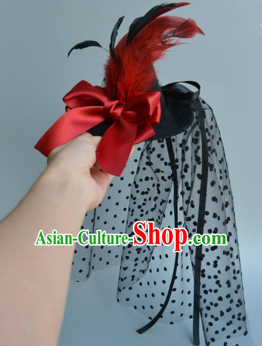 Top Grade Handmade Wedding Hair Accessories Bride Veil Headwear, Baroque Style Red Bowknot Hair Stick for Women