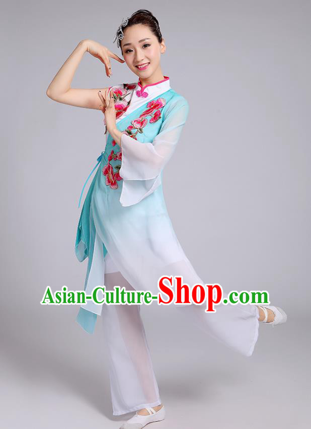 Traditional Chinese Classical Yangge Fan Dance Embroidered Costume, Folk Dance Uniform Classical Dance Green Clothing for Women