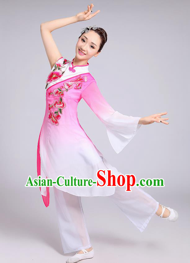 Traditional Chinese Classical Yangge Fan Dance Embroidered Costume, Folk Dance Uniform Classical Dance Pink Clothing for Women