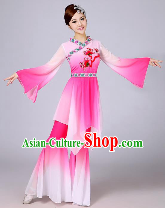 Traditional Chinese Yangge Fan Dance Embroidered Costume, Folk Dance Uniform Classical Dance Mandarin Sleeve Pink Clothing for Women