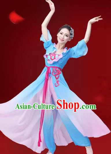 Traditional Chinese Yangge Fan Dance Embroidered Costume, Folk Dance Uniform Classical Dance Blue Dress Clothing for Women
