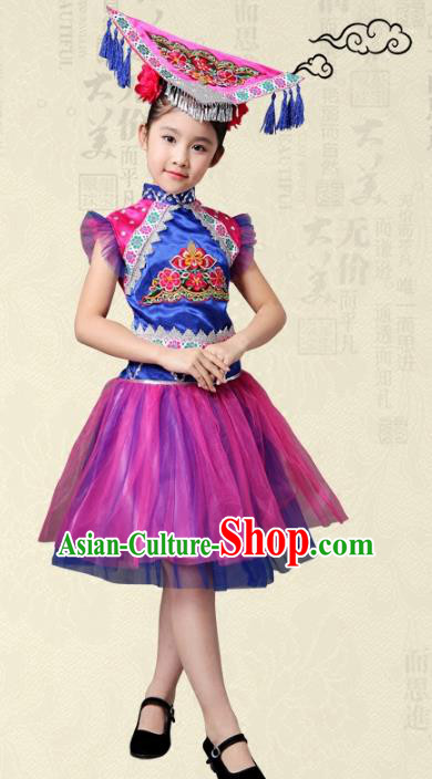 Traditional Chinese Yi Nationality Dance Costume, Female Folk Dance Ethnic Pleated Skirt Embroidery Dress Clothing for Kids