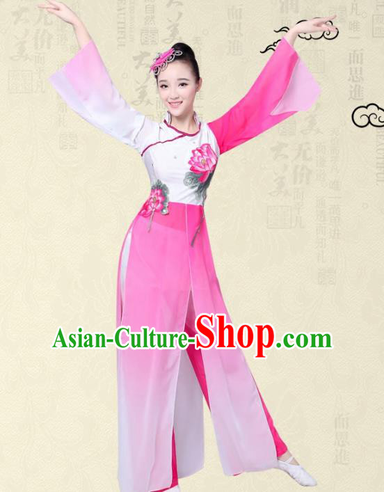 Traditional Chinese Yangge Fan Dance Embroidered Costume, Folk Lotus Dance Uniform Classical Dance Pink Clothing for Women