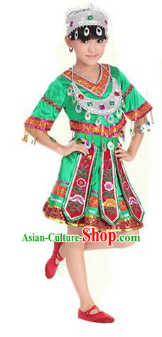 Traditional Chinese Miao Nationality Dance Costume, Hmong Children Folk Dance Ethnic Pleated Skirt Embroidery Green Clothing for Kids