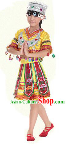 Traditional Chinese Miao Nationality Dance Costume, Hmong Children Folk Dance Ethnic Pleated Skirt Embroidery Yellow Clothing for Kids