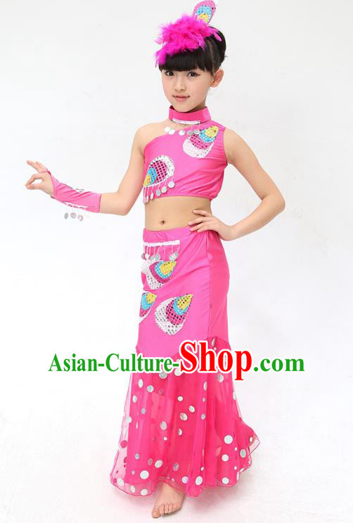 Traditional Chinese Dai Nationality Peacock Dance Pink Costume, Folk Dance Ethnic Pavane Clothing Minority Dance Dress for Kids
