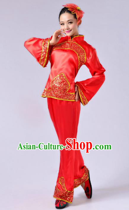 Traditional Chinese Yangge Fan Dance Mandarin Sleeve Satin Costume, Folk Dance Red Uniform Classical Dance Clothing for Women