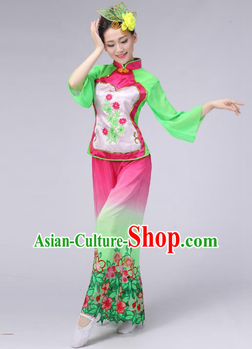 Traditional Chinese Classical Yangge Fan Dance Embroidered Costume, Folk Dance Uniform Umbrella Dance Green Clothing for Women