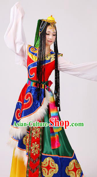 Traditional Chinese Zang Nationality Dance Water Sleeve Costume, China Tibetan Minority Embroidery Dress Clothing for Women